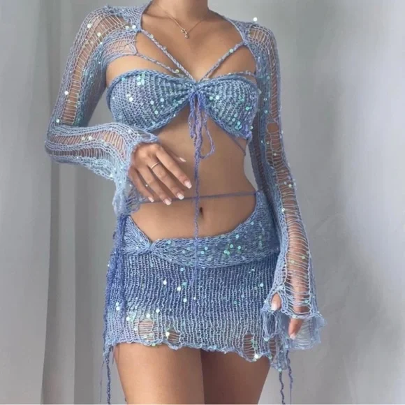 Custom Handmade Festival Set Crochet Sequin Lavender Work From The Beach Like XS - Picture 2 of 3